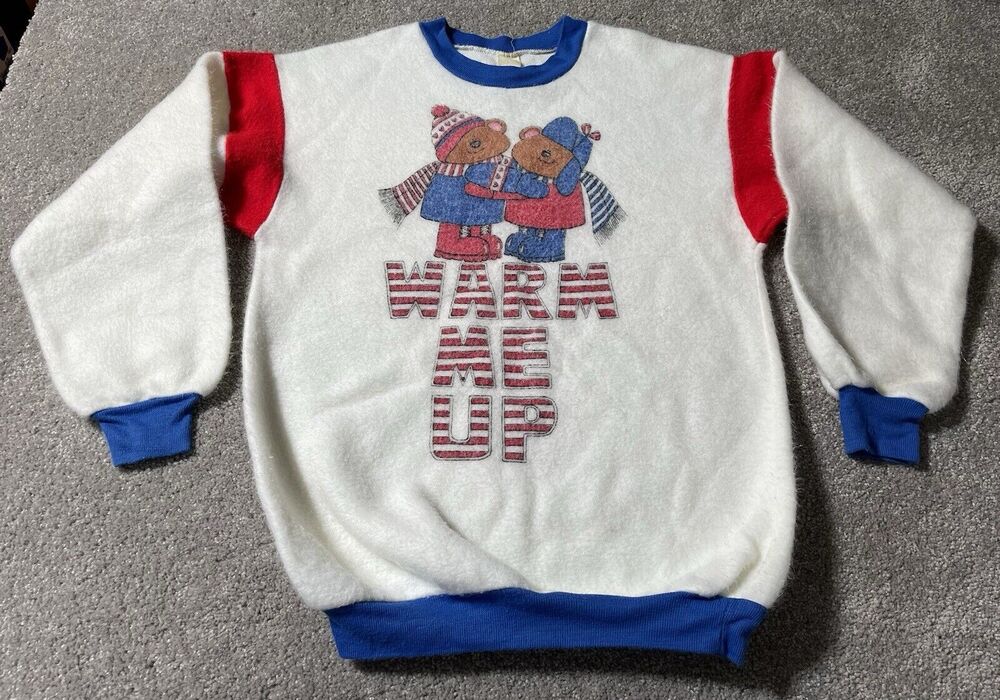 Vintage Warm Me Up Teddy Bear Graphic Sweatshirt Womens Petite 7 Novelty USA